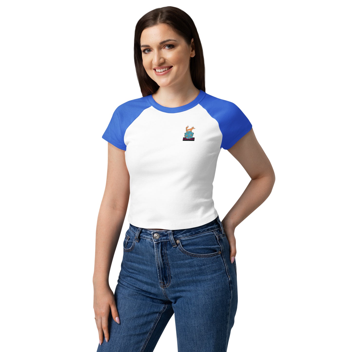 Women’s Micro Rib Raglan Baby Tee in Quantum Blue by Eccentric Chemistry, front view showing soft ribbed fabric and casual style.