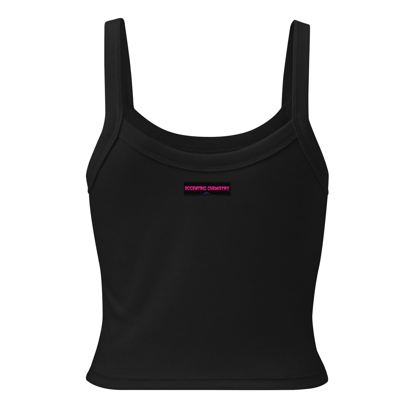 Women's black micro rib tank top from Eccentric Chemistry's Laboratory of Strange & Stylish Things, front view, casual style.