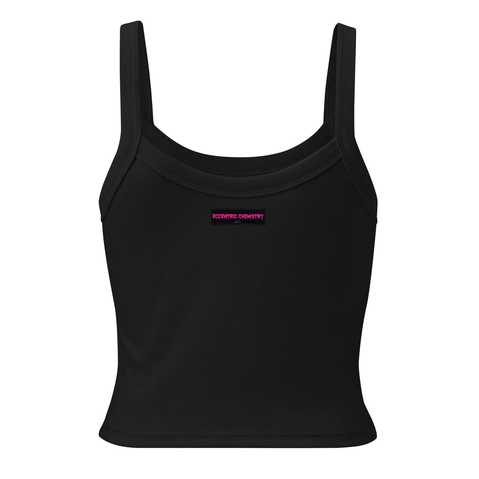 Women's black micro rib tank top from Eccentric Chemistry's Laboratory of Strange & Stylish Things, front view, casual style.