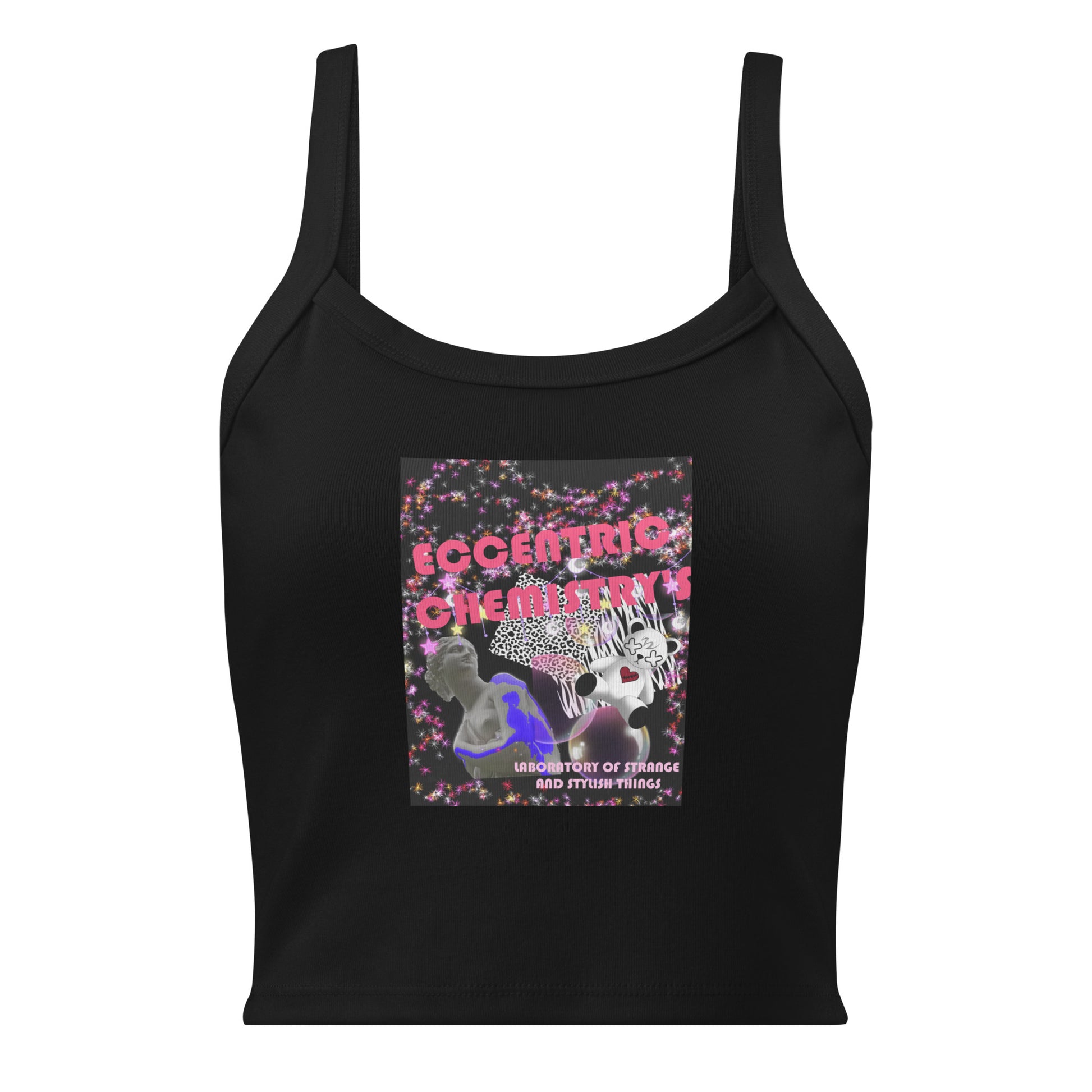Women’s black micro rib tank top from Eccentric Chemistry’s Laboratory of Strange & Stylish Things, featuring a close-up of the front fabric.