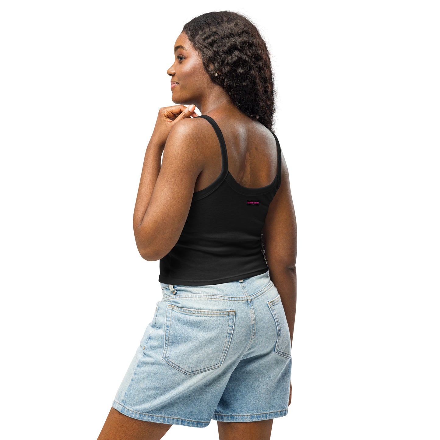 Black women's micro rib tank top from Eccentric Chemistry's Laboratory of Strange & Stylish Things, shown from the left back angle.