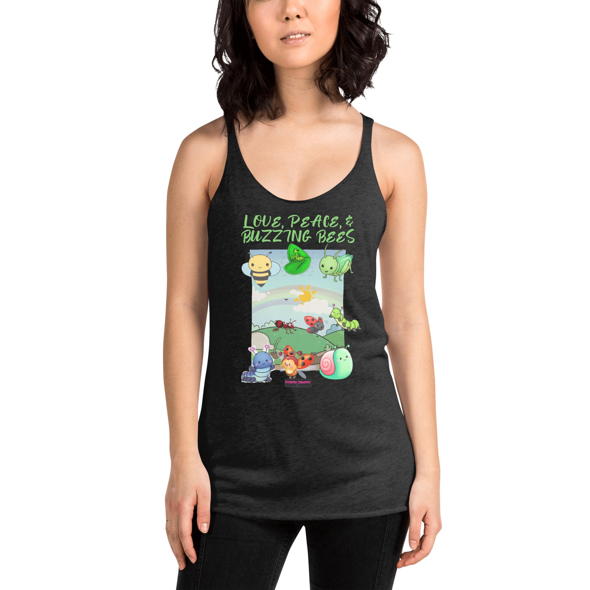 Women's black racerback tank top featuring a vintage lab experiment design from Eccentric Chemistry's Tiny Shop of T-Shirt Horrors.