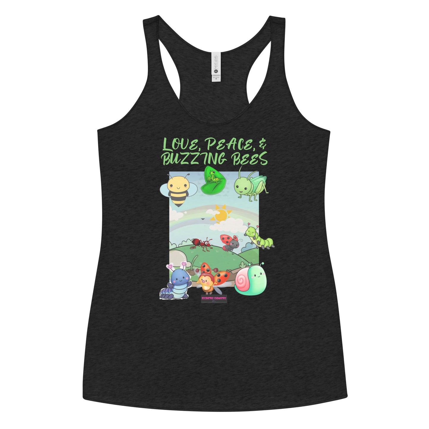 Women's black racerback tank top with entomology lab experiment design from Eccentric Chemistry's Tiny Shop of T-Shirt Horrors.