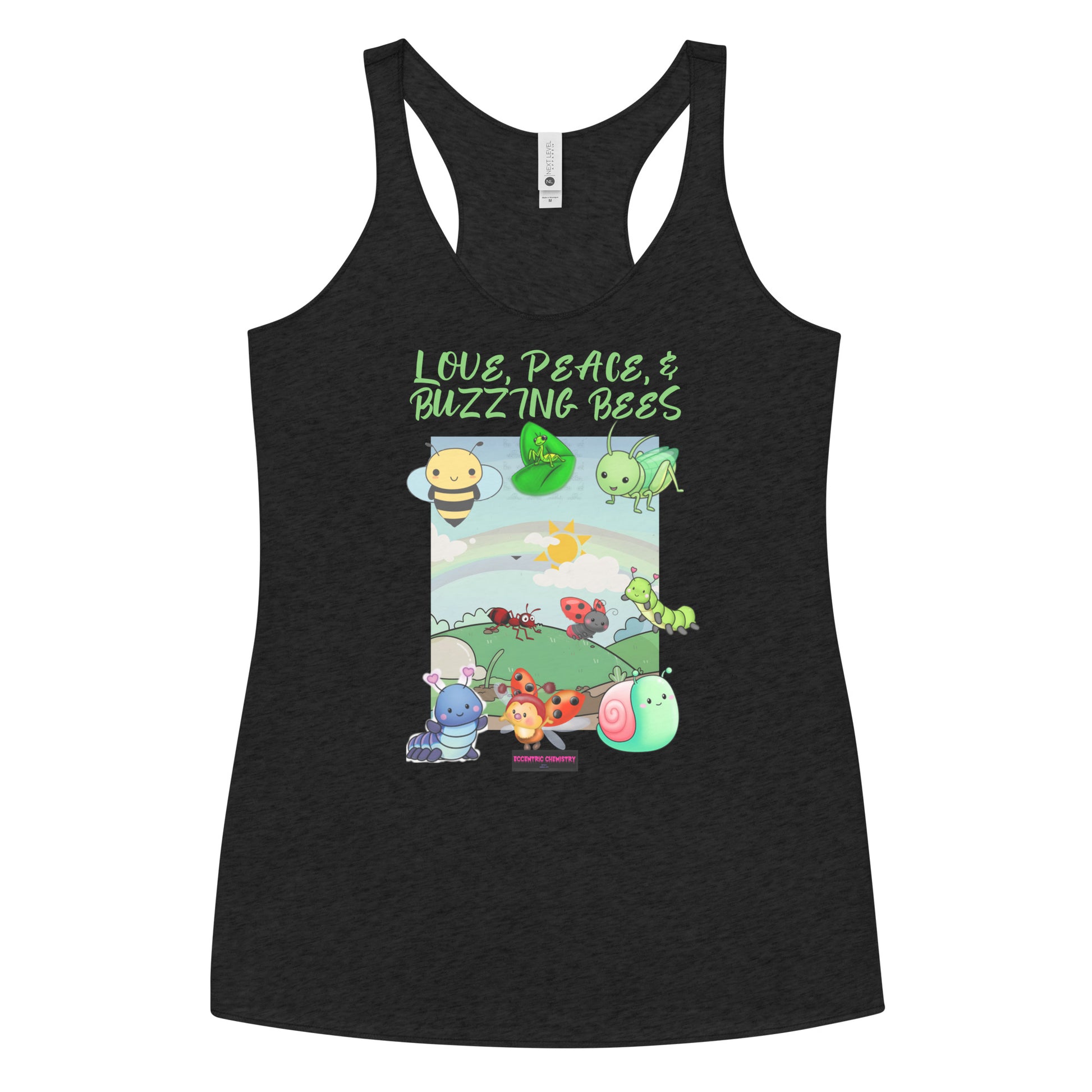 Women's black racerback tank top with entomology lab experiment design from Eccentric Chemistry's Tiny Shop of T-Shirt Horrors.