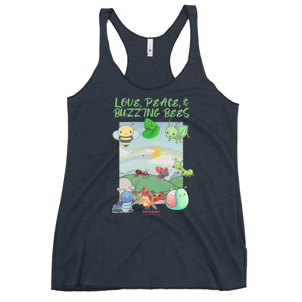 Women’s navy racerback tank top featuring entomology and lab experiment graphic from Eccentric Chemistry's Tiny Shop of T-Shirt Horrors.