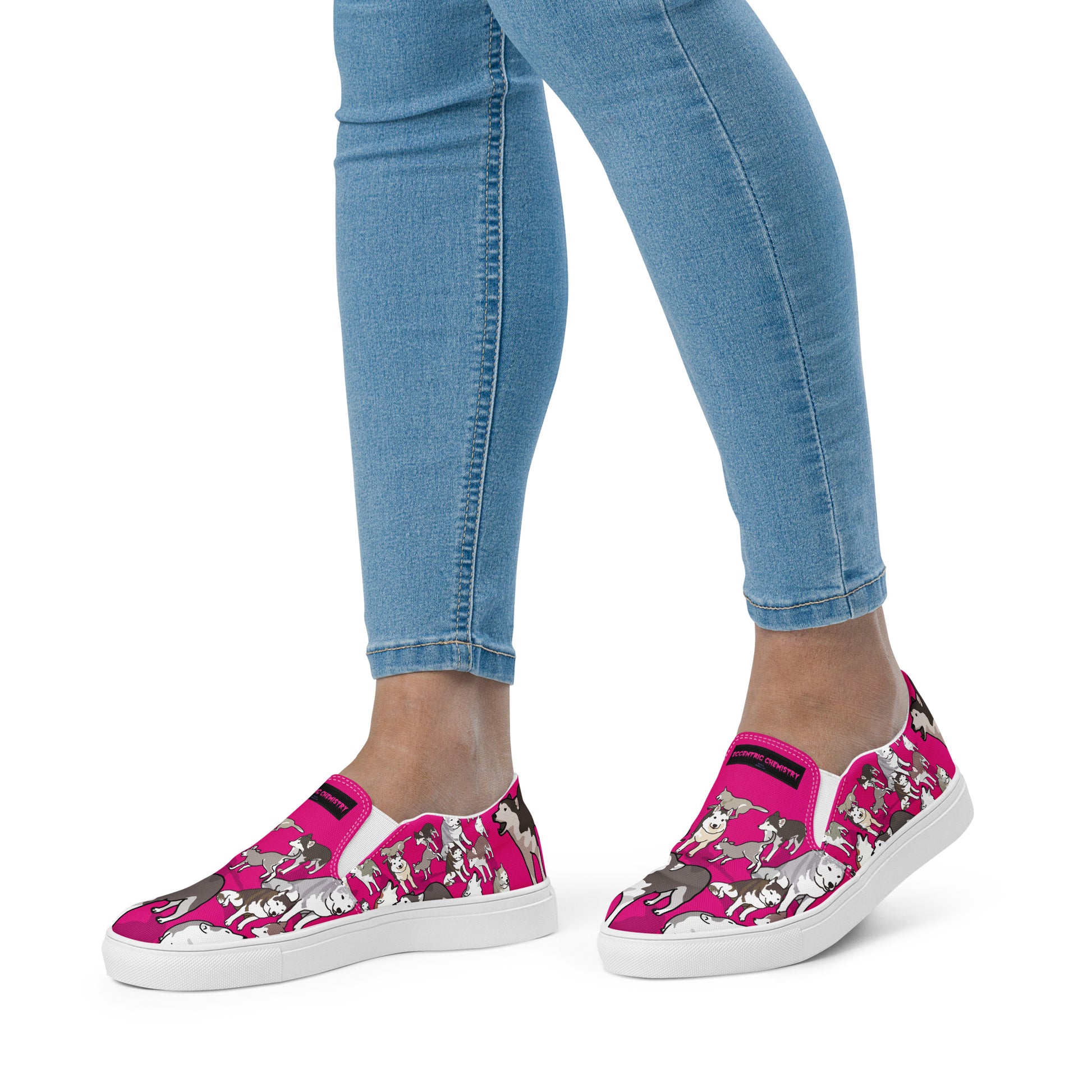 White women's slip-on canvas shoes with bow detail from Eccentric Chemistry's Wag Experiment collection.