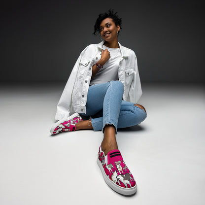 Women’s white slip-on canvas shoes with bow detail from Eccentric Chemistry’s Bow Wow Wow Quantum Wag Experiment collection.
