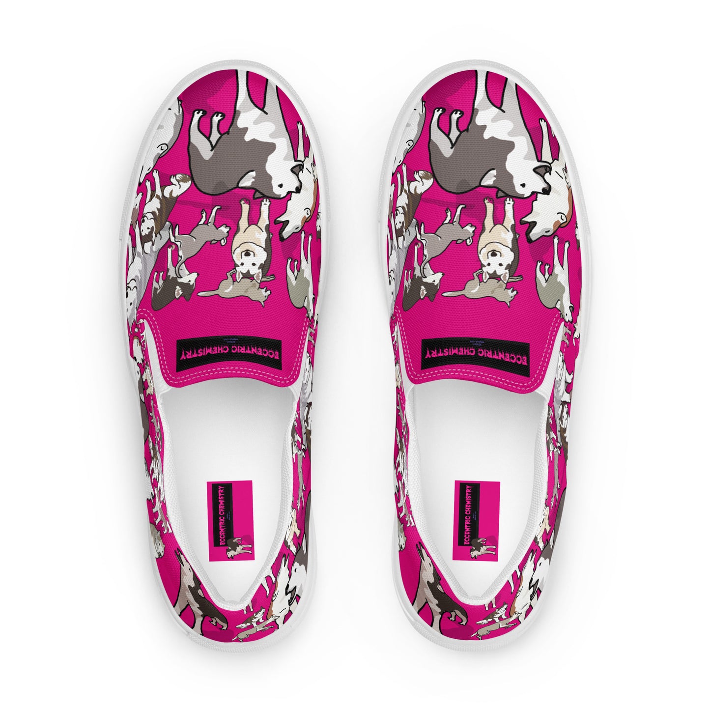 White women's slip-on canvas shoes with bow detail from Eccentric Chemistry's Bow Wow Wow Quantum Wag Experiment collection.