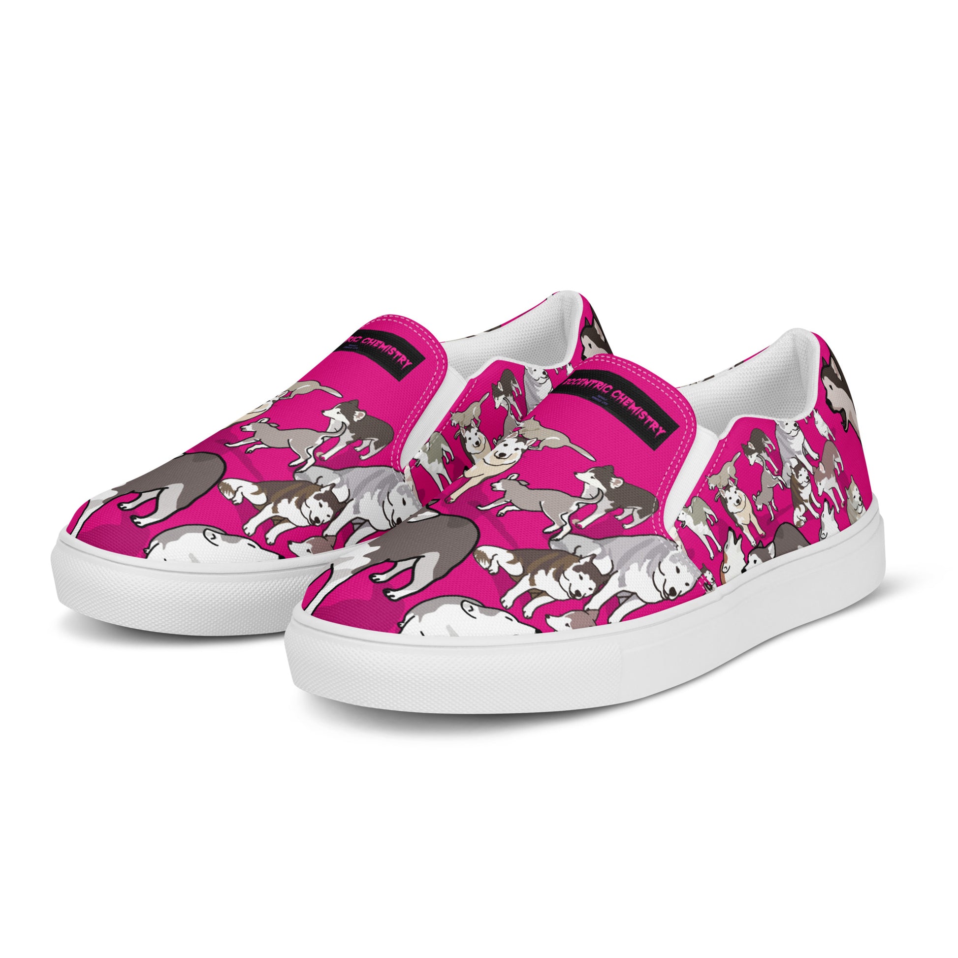 White women's slip-on canvas shoes with bow detail from Eccentric Chemistry’s Bow Wow Wow Quantum Wag Experiment collection.
