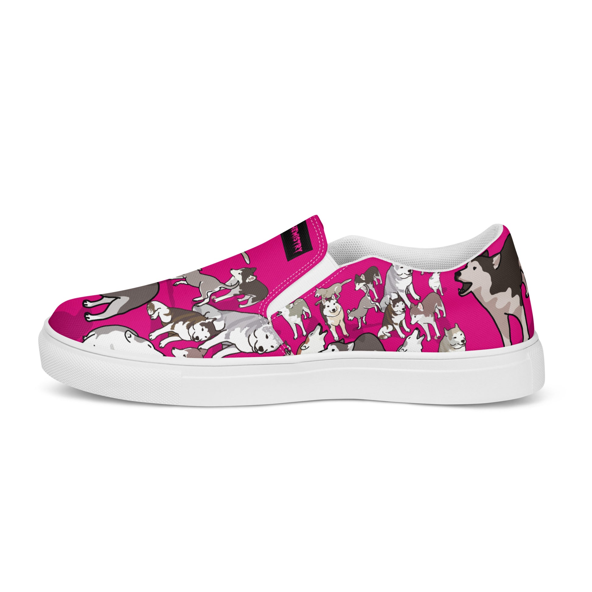 Women's slip-on canvas shoes by Bow Wow Wow Quantum Wag from Eccentric Chemistry, white with side view showing stylish design.