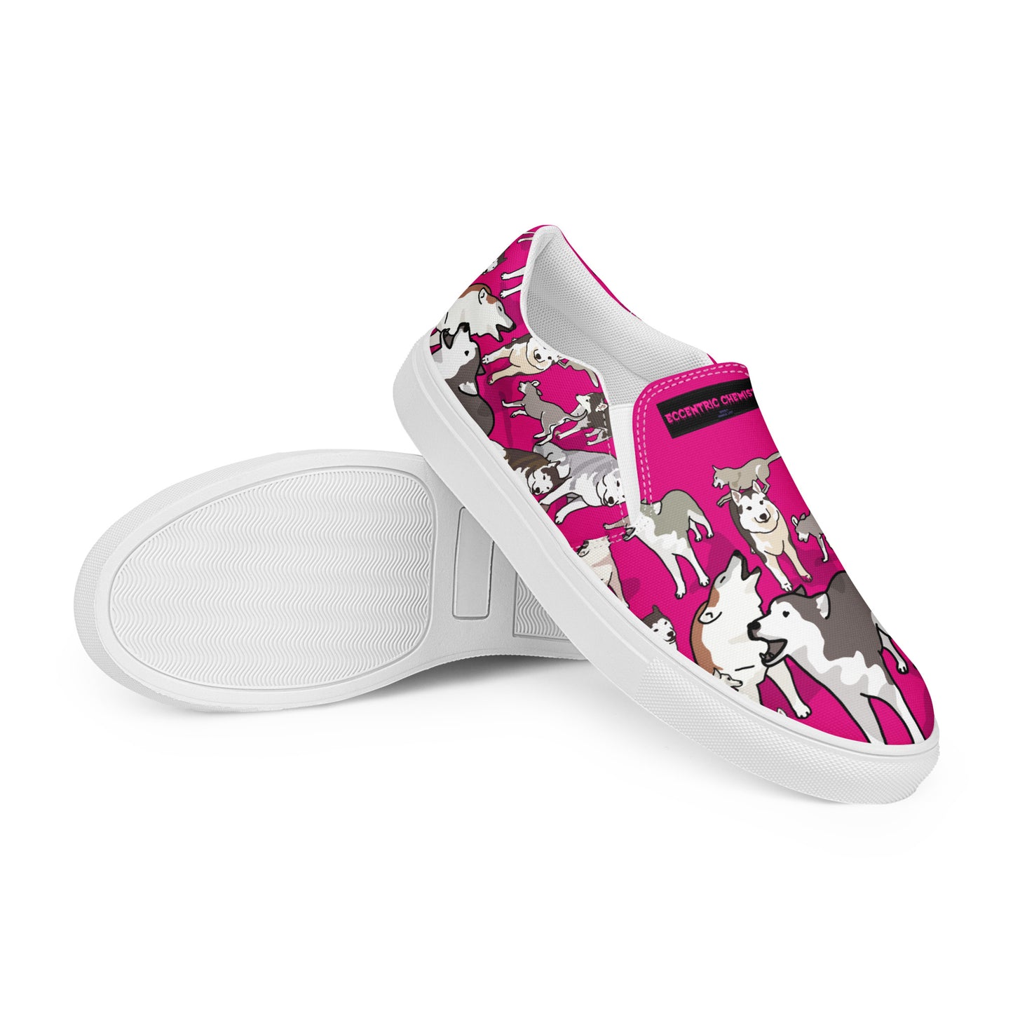 Women’s white slip-on canvas shoes with bow detail from Bow Wow Wow Quantum Wag collection by Eccentric Chemistry.