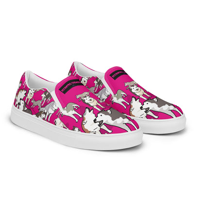 White women's slip-on canvas shoes with bow detail from Eccentric Chemistry's Wag Experiment collection, front right view