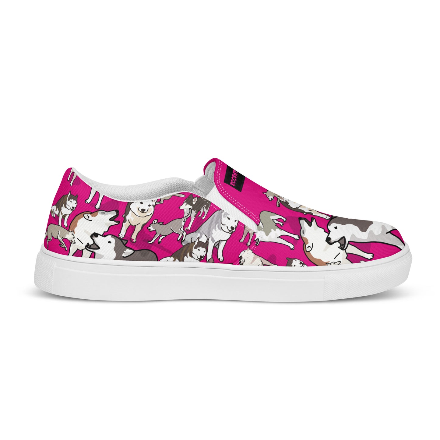 Women’s white slip-on canvas shoes with bow detail from Eccentric Chemistry’s Bow Wow Wow Quantum Wag Experiment collection.
