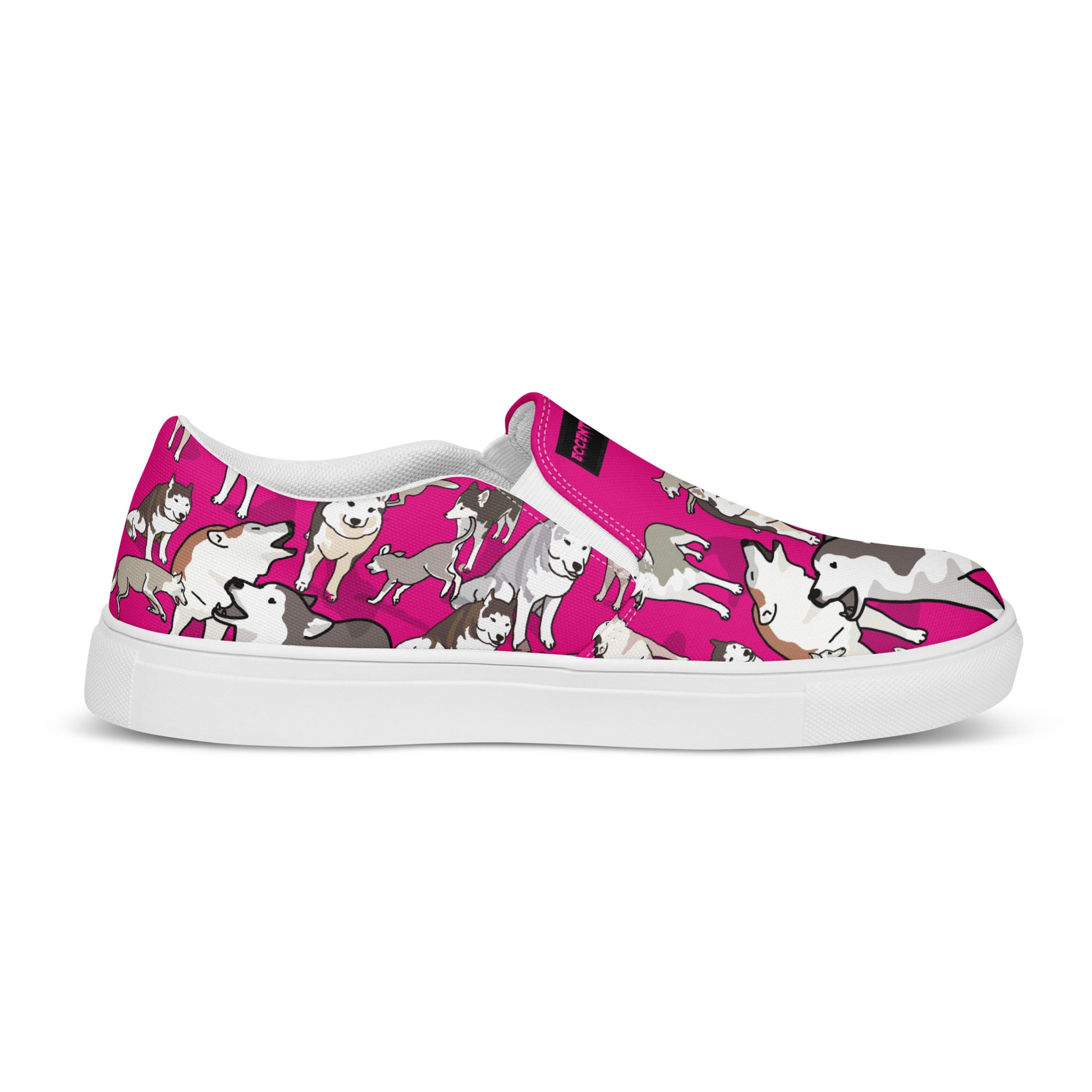 Women’s white slip-on canvas shoes with bow detail from Eccentric Chemistry’s Bow Wow Wow Quantum Wag Experiment collection.