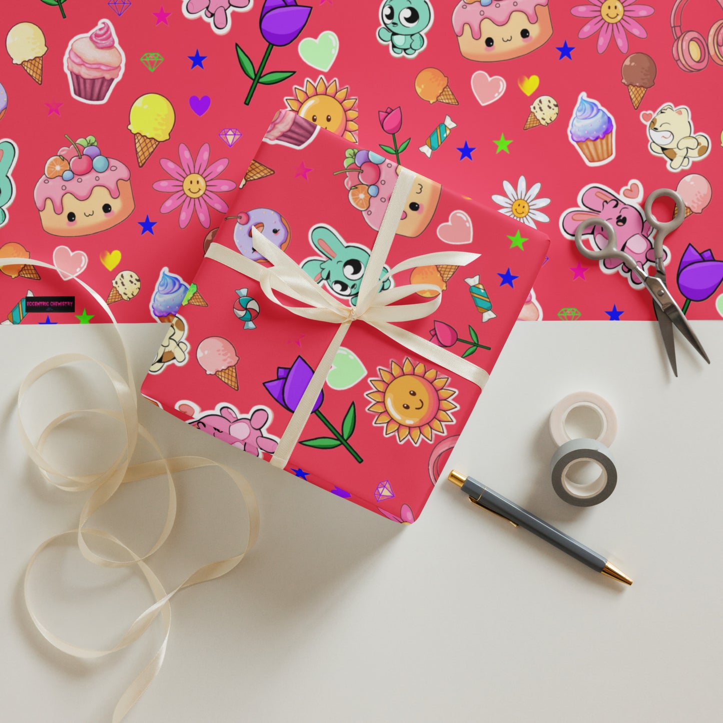 Eccentric Chemistry Laboratory of Strange & Stylish Things white matte wrapping paper sheets for gifts, measuring 28.75x19.75 inches.