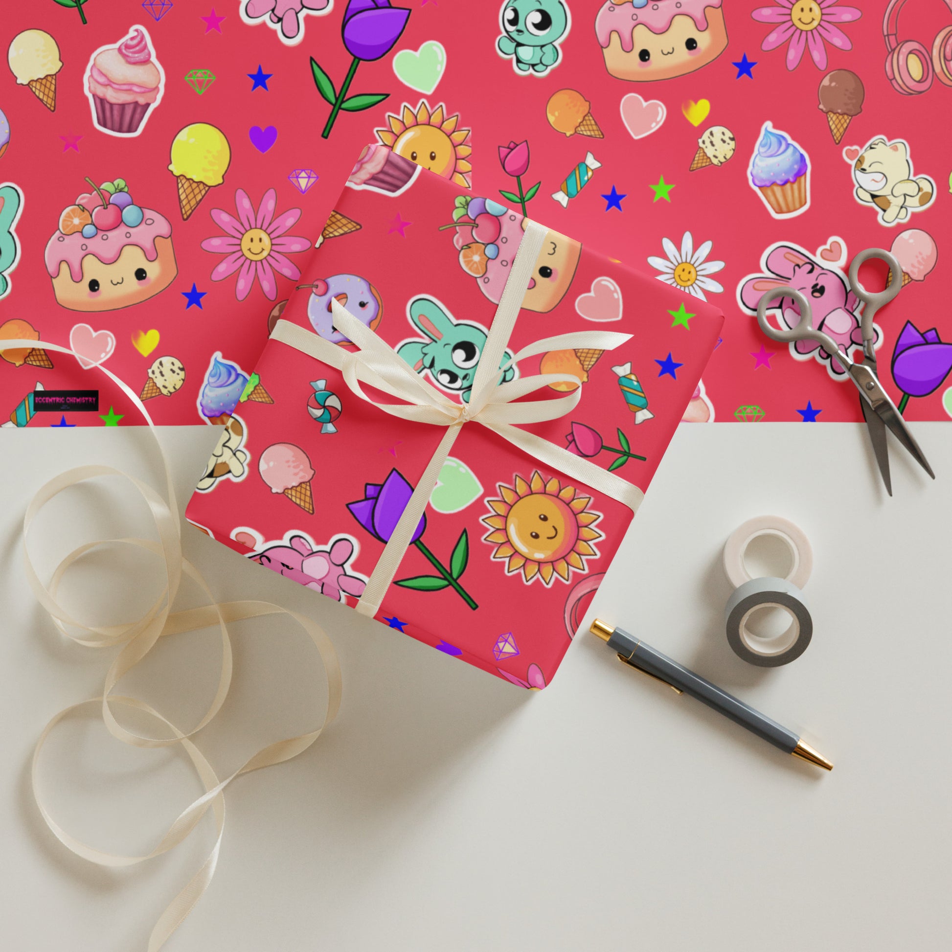 Eccentric Chemistry Laboratory of Strange & Stylish Things white matte wrapping paper sheets for gifts, measuring 28.75x19.75 inches.
